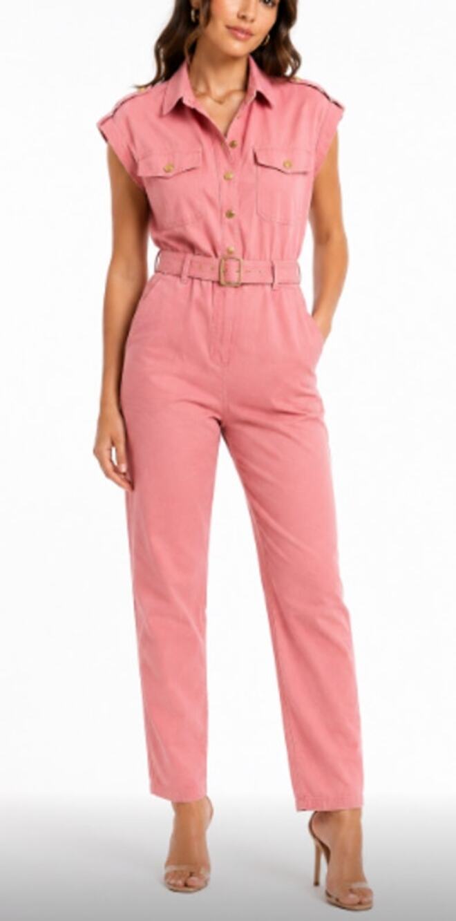 River Island Pink Utility Belted Jumpsuit Gold Button Detail Women's Size 8